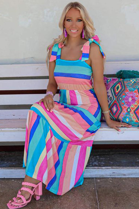 Color Block Striped Bow Knot Straps Maxi Dress